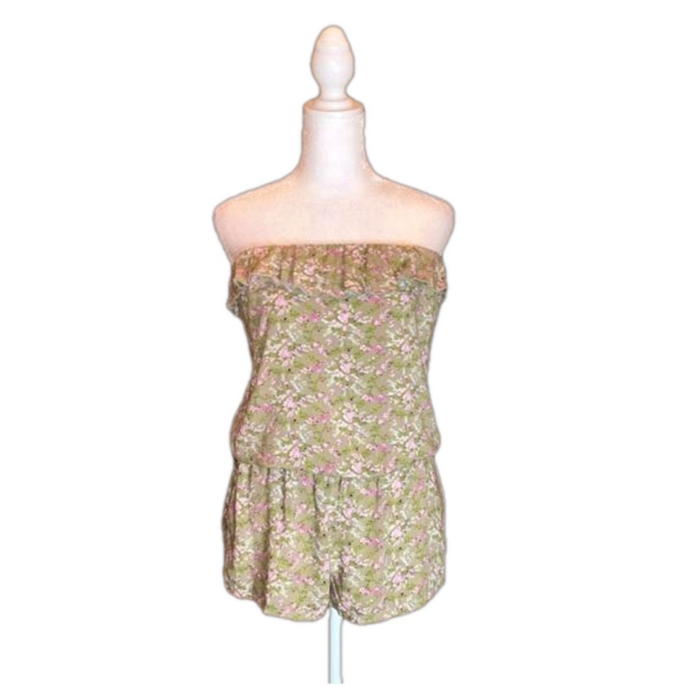 POETRY Clothing Green & Pink Floral Print Strapless Romper, Size S